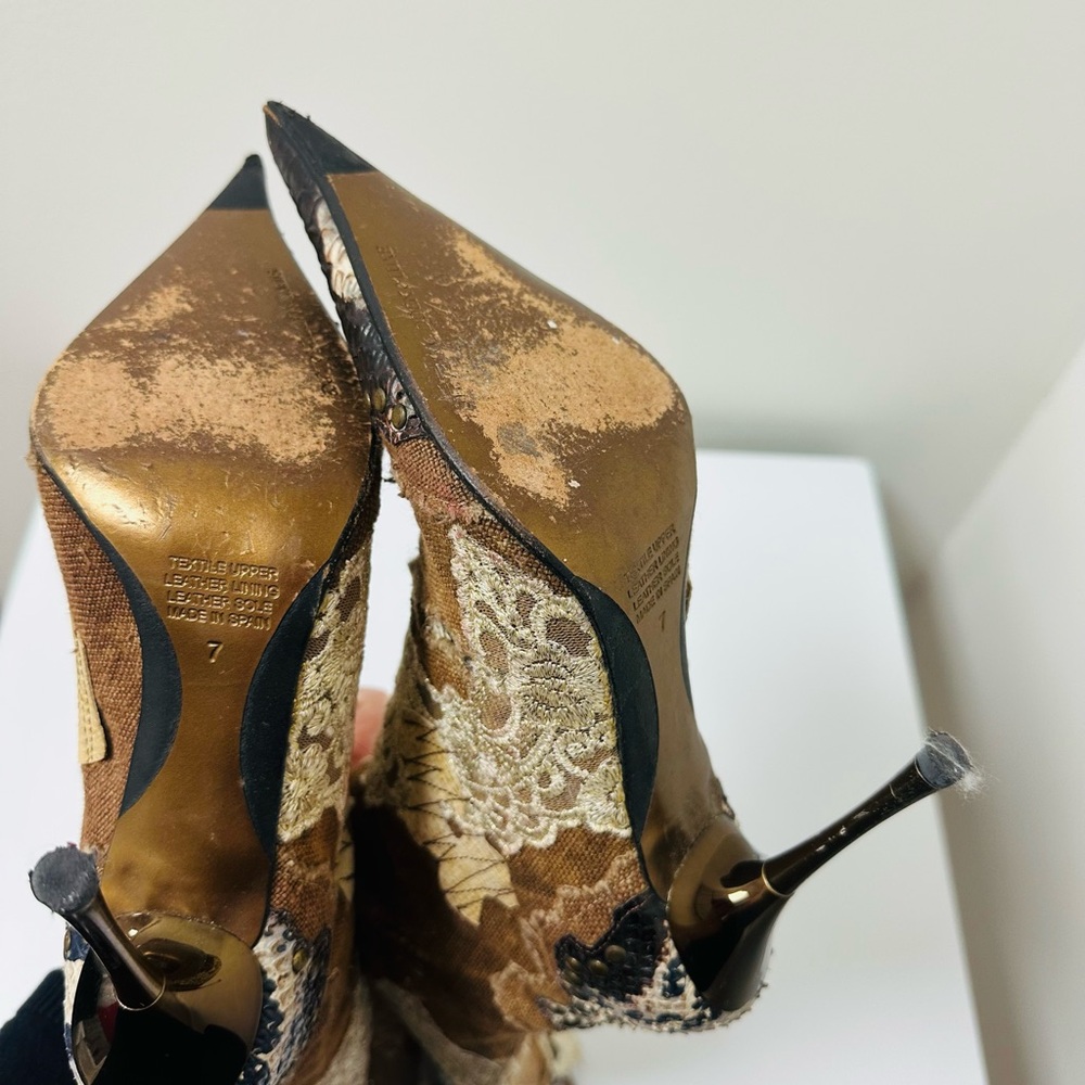 Unique Steve Madden Brown and Cream Patterned Mixed Material Heeled Boots Sz 7 - Picture 5 of 8